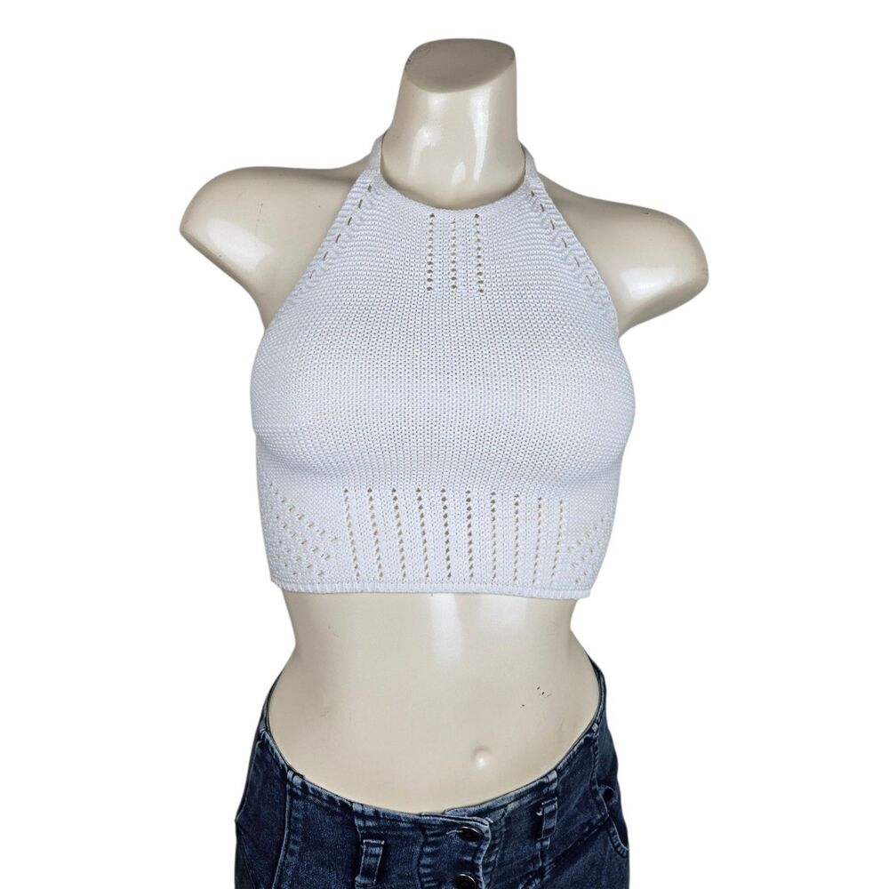 Garage Women's White Cotton Knit Cropped Halter Tank Top XS Boho Y2k Festival